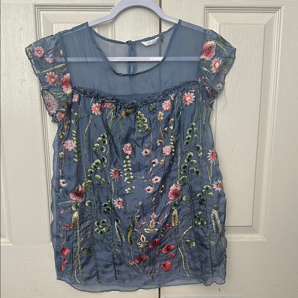 Anthropologie Gray Flutter Sleeve Embellished Blouse